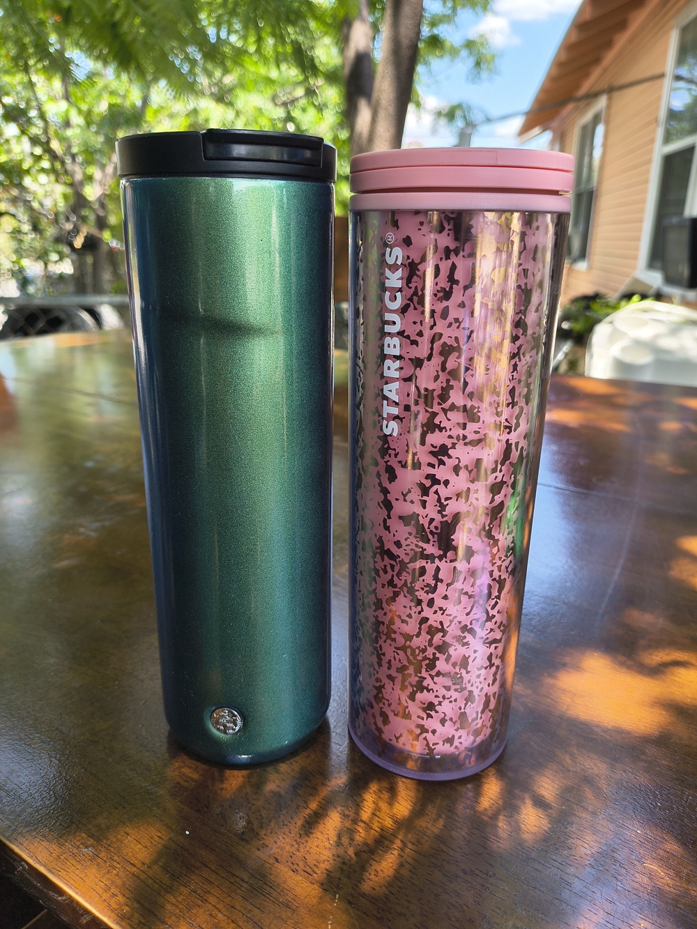 Starbucks Pink Patterned Tumbler and Metallic Green Travel Tumbler